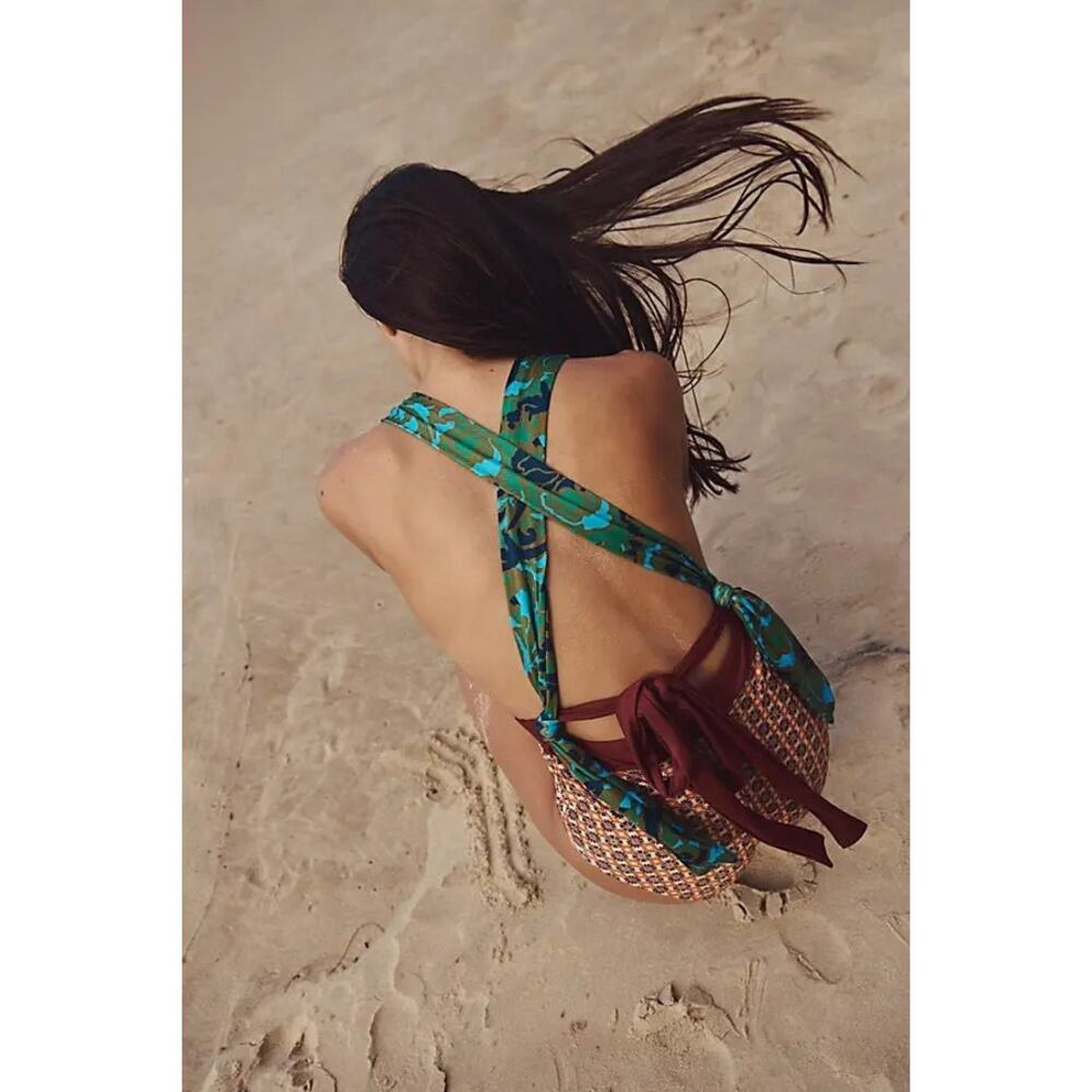 New Anthropologie Women’s Green Floral & Brown Pattern One-Piece Swimsuit - Picture 4 of 5